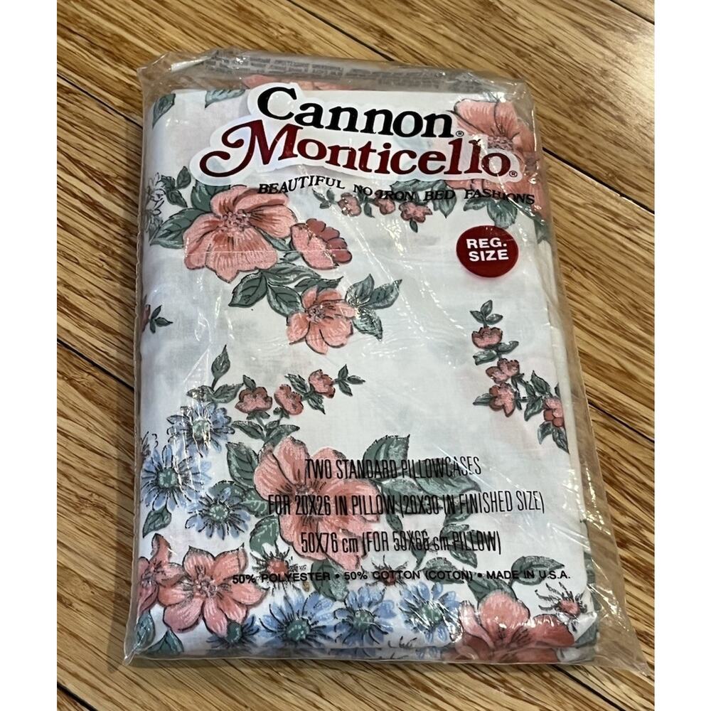 Vintage Cannon Monticello 2 Pink Blue Floral Pillowcases Pair NEW In Package NOS